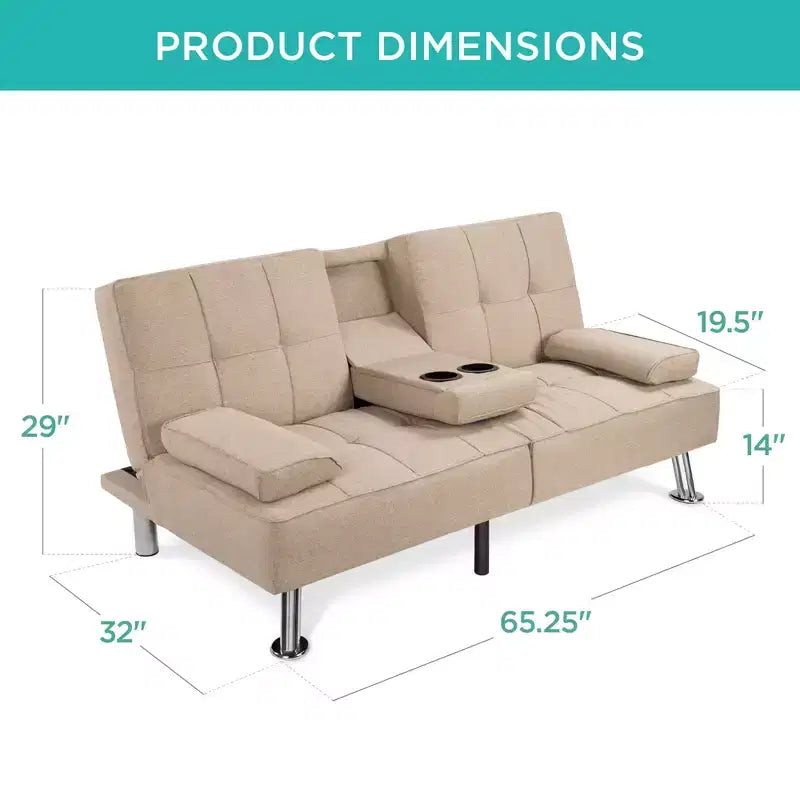 Divano Letto Futon Convertibile Moderno in Lino Best Choice Products con Braccioli Rimovibili, Gambe in Metallo, Portabicchieri