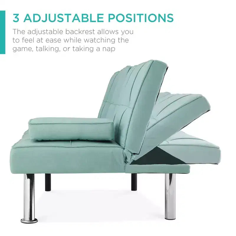 Divano Letto Futon Convertibile Moderno in Lino Best Choice Products con Braccioli Rimovibili, Gambe in Metallo, Portabicchieri