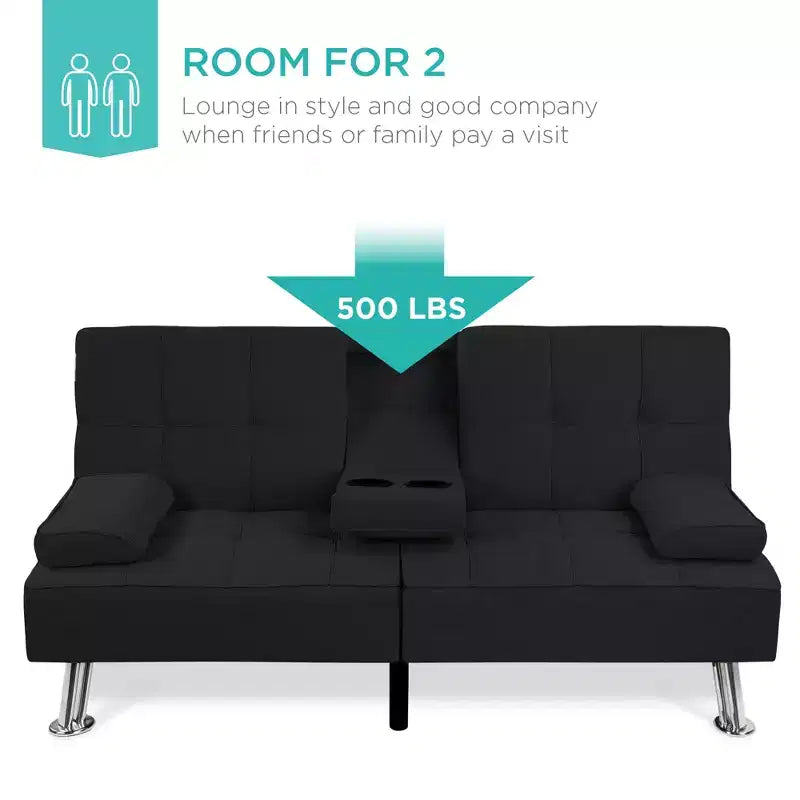 Divano Letto Futon Convertibile Moderno in Lino Best Choice Products con Braccioli Rimovibili, Gambe in Metallo, Portabicchieri