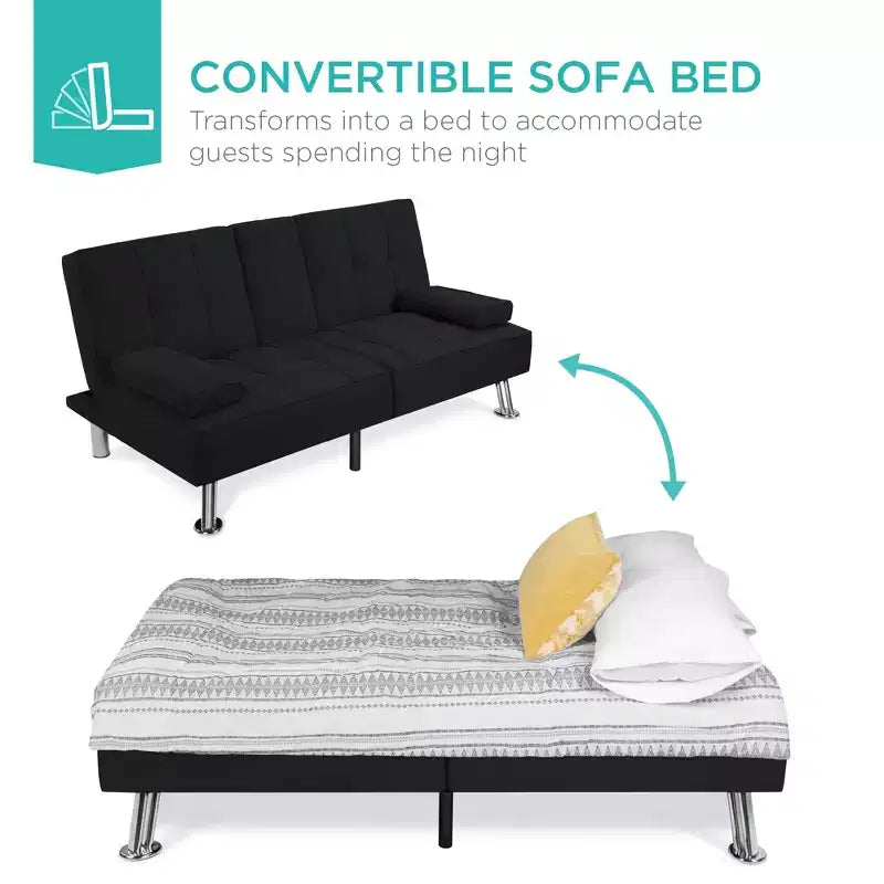 Divano Letto Futon Convertibile Moderno in Lino Best Choice Products con Braccioli Rimovibili, Gambe in Metallo, Portabicchieri