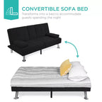 Divano Letto Futon Convertibile Moderno in Lino Best Choice Products con Braccioli Rimovibili, Gambe in Metallo, Portabicchieri