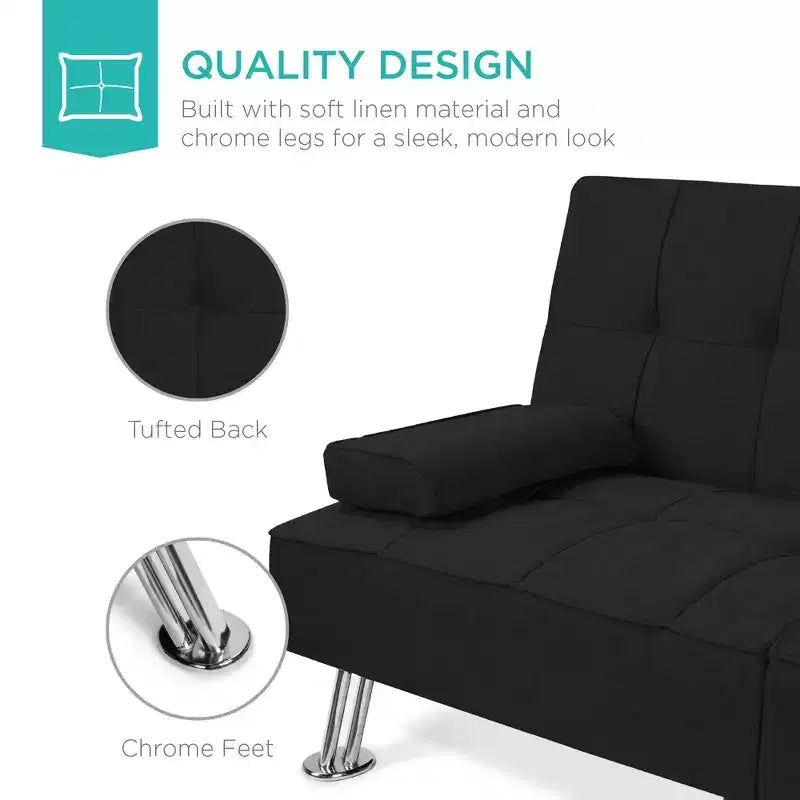 Divano Letto Futon Convertibile Moderno in Lino Best Choice Products con Braccioli Rimovibili, Gambe in Metallo, Portabicchieri