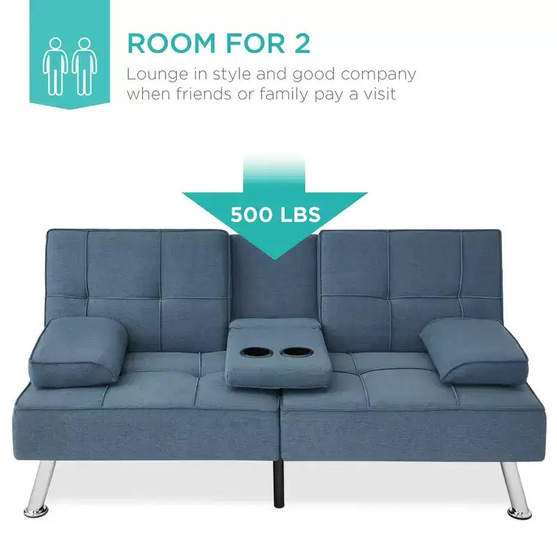 Divano Letto Futon Convertibile Moderno in Lino Best Choice Products con Braccioli Rimovibili, Gambe in Metallo, Portabicchieri