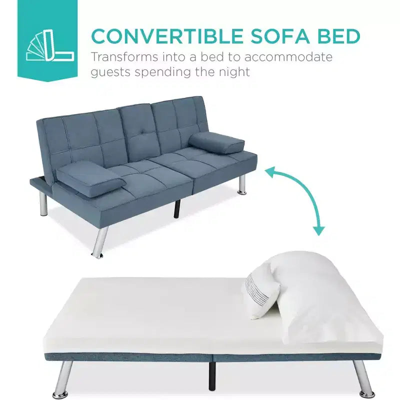 Divano Letto Futon Convertibile Moderno in Lino Best Choice Products con Braccioli Rimovibili, Gambe in Metallo, Portabicchieri