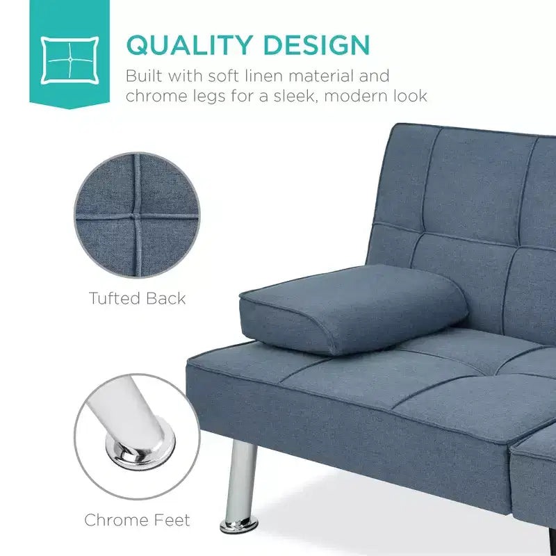 Divano Letto Futon Convertibile Moderno in Lino Best Choice Products con Braccioli Rimovibili, Gambe in Metallo, Portabicchieri