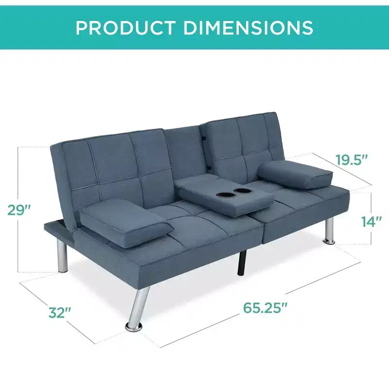 Divano Letto Futon Convertibile Moderno in Lino Best Choice Products con Braccioli Rimovibili, Gambe in Metallo, Portabicchieri