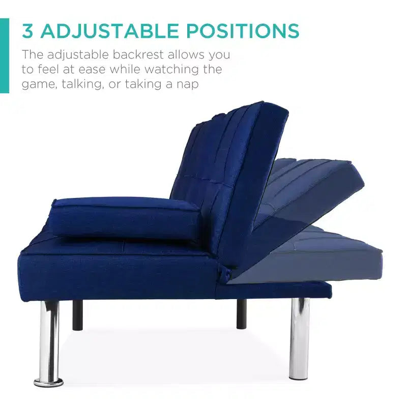 Divano Letto Futon Convertibile Moderno in Lino Best Choice Products con Braccioli Rimovibili, Gambe in Metallo, Portabicchieri