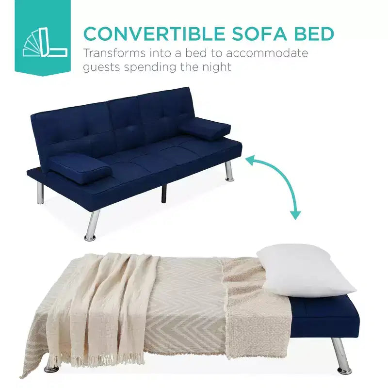 Divano Letto Futon Convertibile Moderno in Lino Best Choice Products con Braccioli Rimovibili, Gambe in Metallo, Portabicchieri