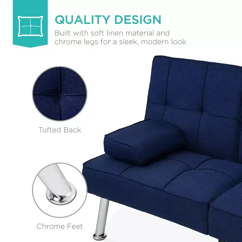 Divano Letto Futon Convertibile Moderno in Lino Best Choice Products con Braccioli Rimovibili, Gambe in Metallo, Portabicchieri