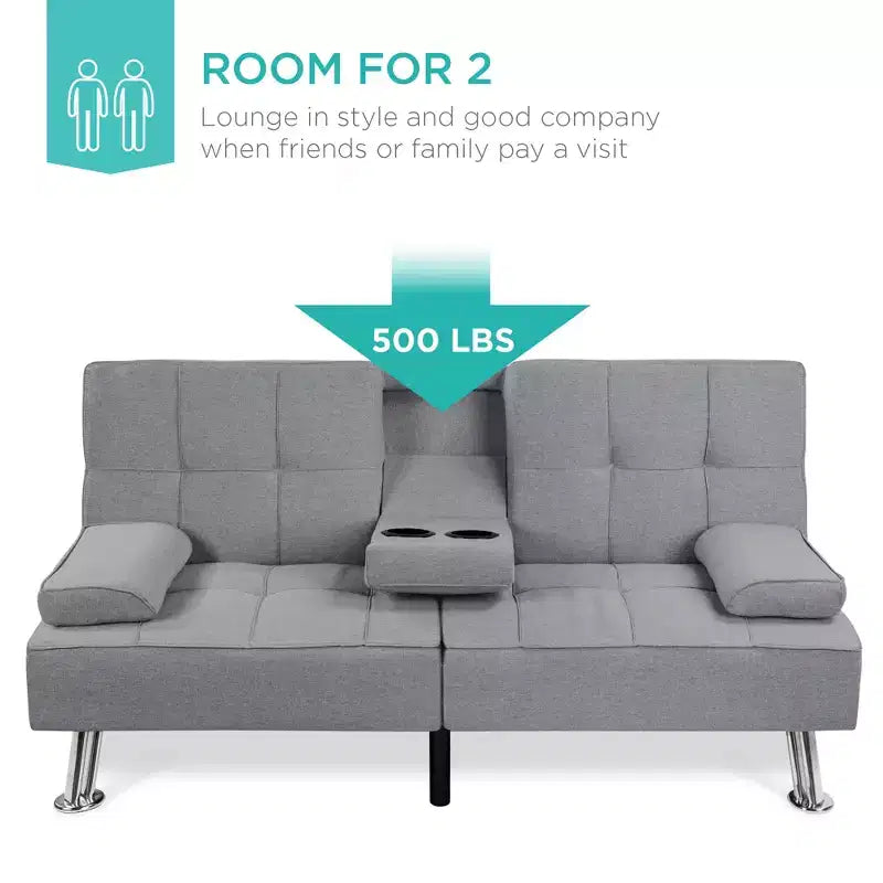 Divano Letto Futon Convertibile Moderno in Lino Best Choice Products con Braccioli Rimovibili, Gambe in Metallo, Portabicchieri