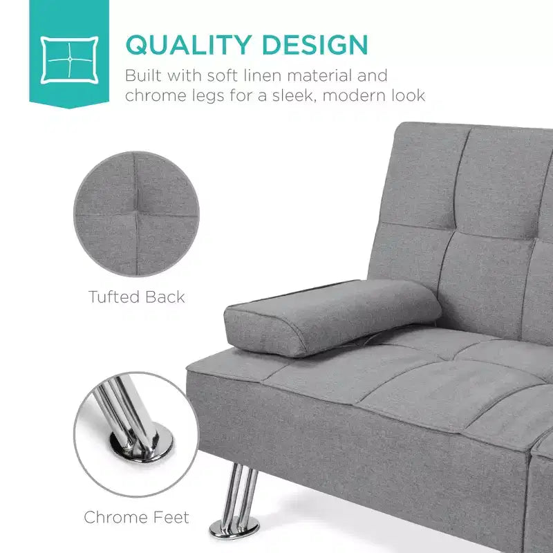 Divano Letto Futon Convertibile Moderno in Lino Best Choice Products con Braccioli Rimovibili, Gambe in Metallo, Portabicchieri