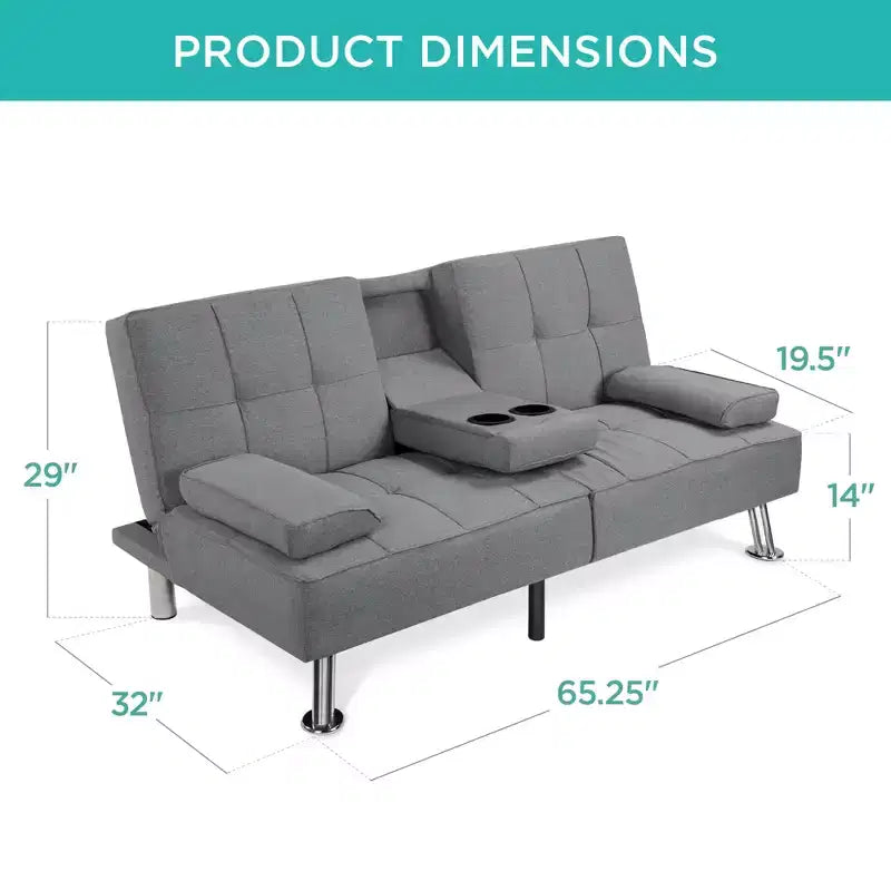 Divano Letto Futon Convertibile Moderno in Lino Best Choice Products con Braccioli Rimovibili, Gambe in Metallo, Portabicchieri