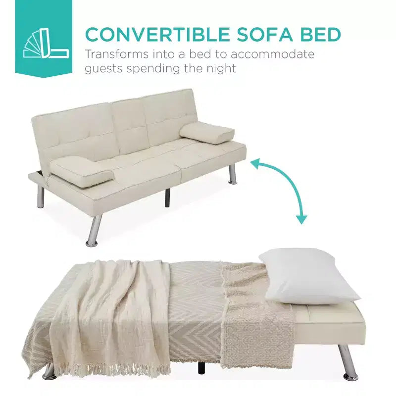 Divano Letto Futon Convertibile Moderno in Lino Best Choice Products con Braccioli Rimovibili, Gambe in Metallo, Portabicchieri