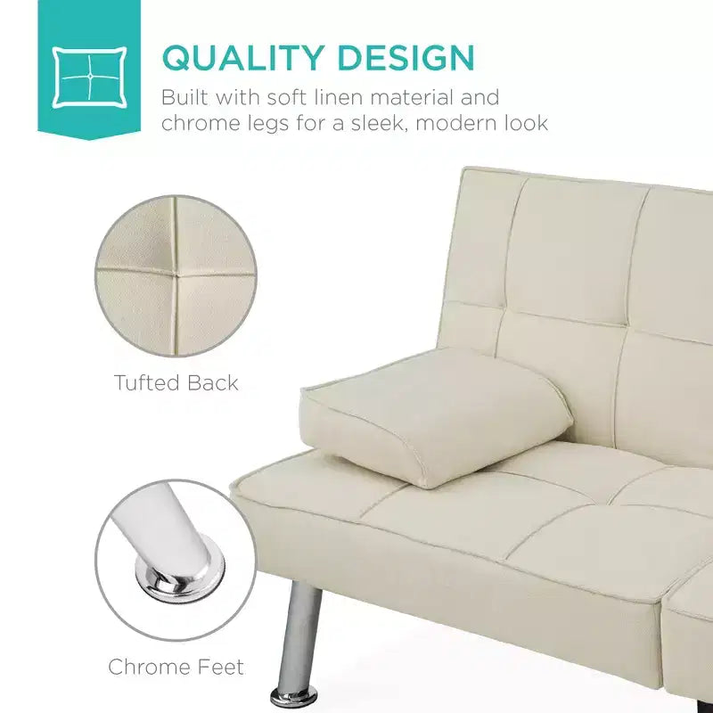 Divano Letto Futon Convertibile Moderno in Lino Best Choice Products con Braccioli Rimovibili, Gambe in Metallo, Portabicchieri