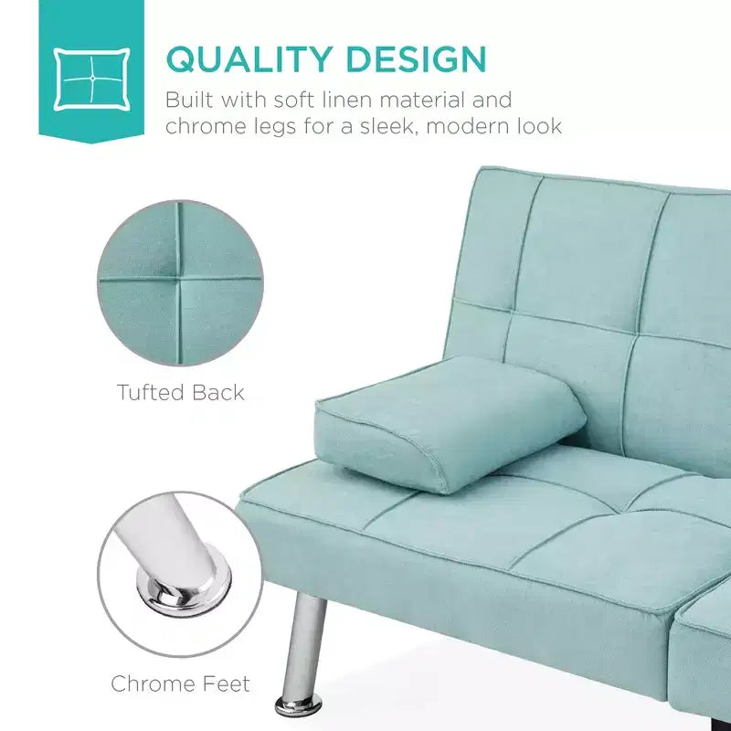 Divano Letto Futon Convertibile Moderno in Lino Best Choice Products con Braccioli Rimovibili, Gambe in Metallo, Portabicchieri