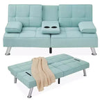 Divano Letto Futon Convertibile Moderno in Lino Best Choice Products con Braccioli Rimovibili, Gambe in Metallo, Portabicchieri