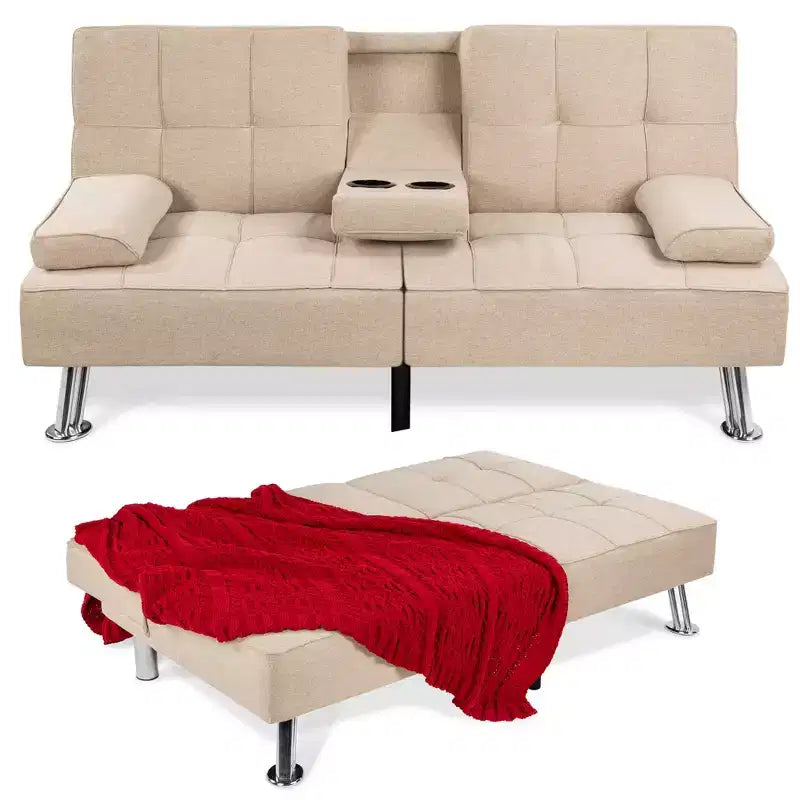 Divano Letto Futon Convertibile Moderno in Lino Best Choice Products con Braccioli Rimovibili, Gambe in Metallo, Portabicchieri