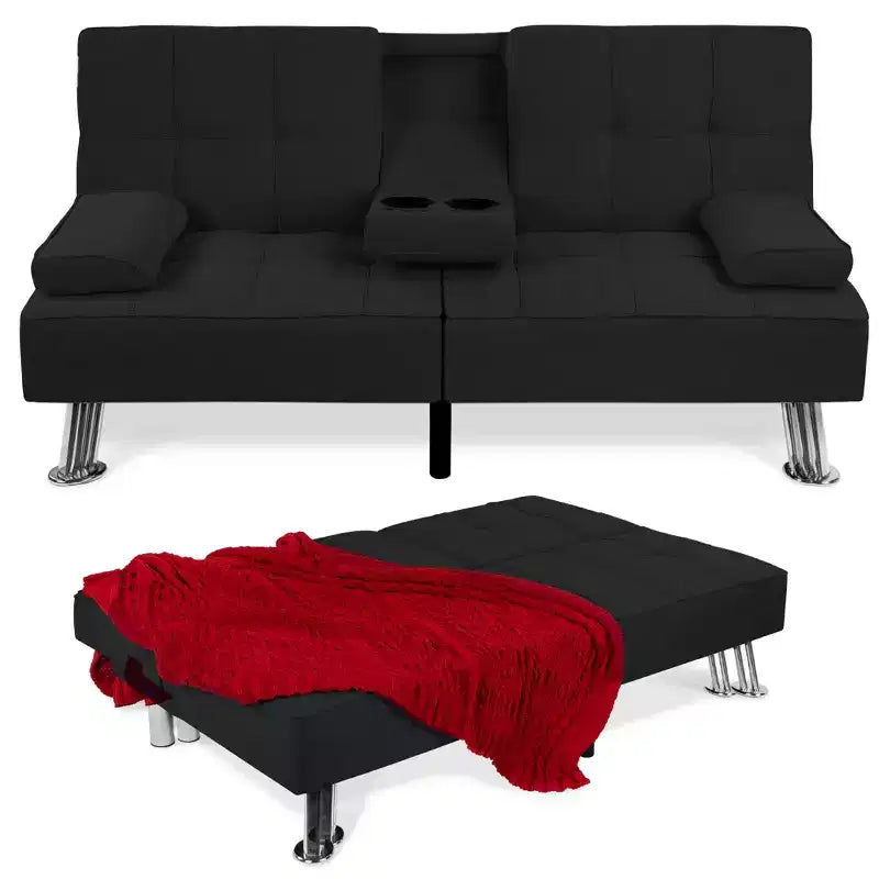 Divano Letto Futon Convertibile Moderno in Lino Best Choice Products con Braccioli Rimovibili, Gambe in Metallo, Portabicchieri