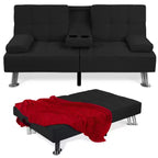 Divano Letto Futon Convertibile Moderno in Lino Best Choice Products con Braccioli Rimovibili, Gambe in Metallo, Portabicchieri