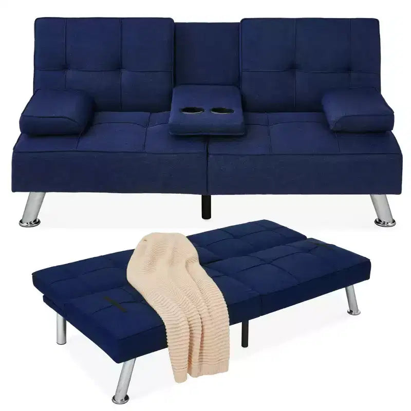 Divano Letto Futon Convertibile Moderno in Lino Best Choice Products con Braccioli Rimovibili, Gambe in Metallo, Portabicchieri