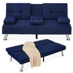 Divano Letto Futon Convertibile Moderno in Lino Best Choice Products con Braccioli Rimovibili, Gambe in Metallo, Portabicchieri