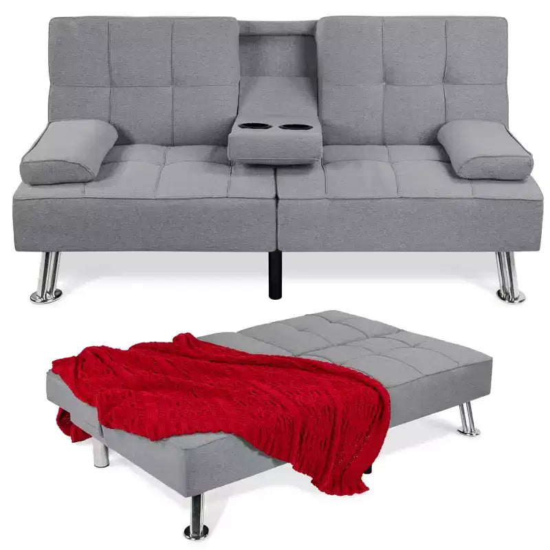 Divano Letto Futon Convertibile Moderno in Lino Best Choice Products con Braccioli Rimovibili, Gambe in Metallo, Portabicchieri