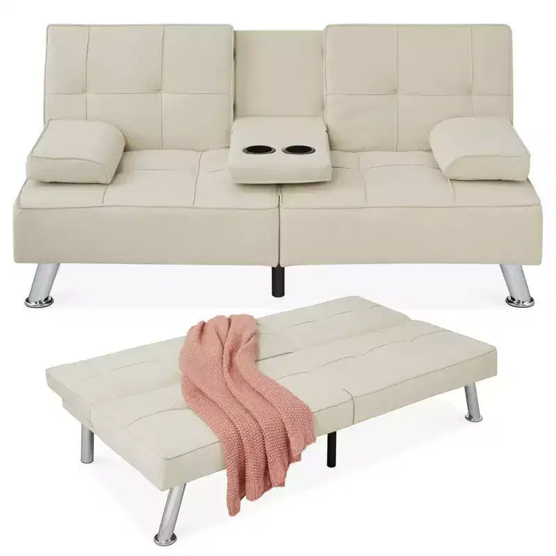 Divano Letto Futon Convertibile Moderno in Lino Best Choice Products con Braccioli Rimovibili, Gambe in Metallo, Portabicchieri