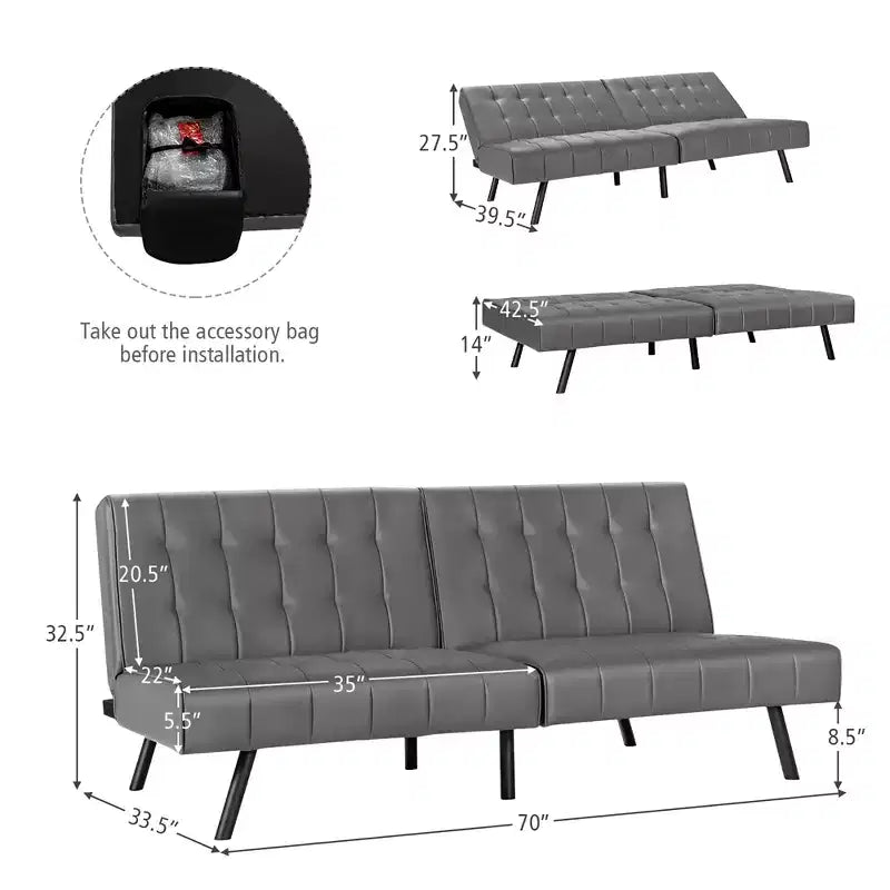 Divano letto futon Costway, in similpelle PU, pieghevole e convertibile, bianco/nero/grigio