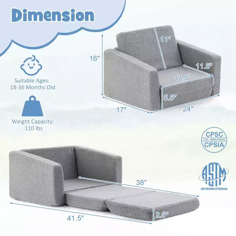 Divano convertibile 2-in-1 per bambini da Costway, divanetto pieghevole per bambini in grigio