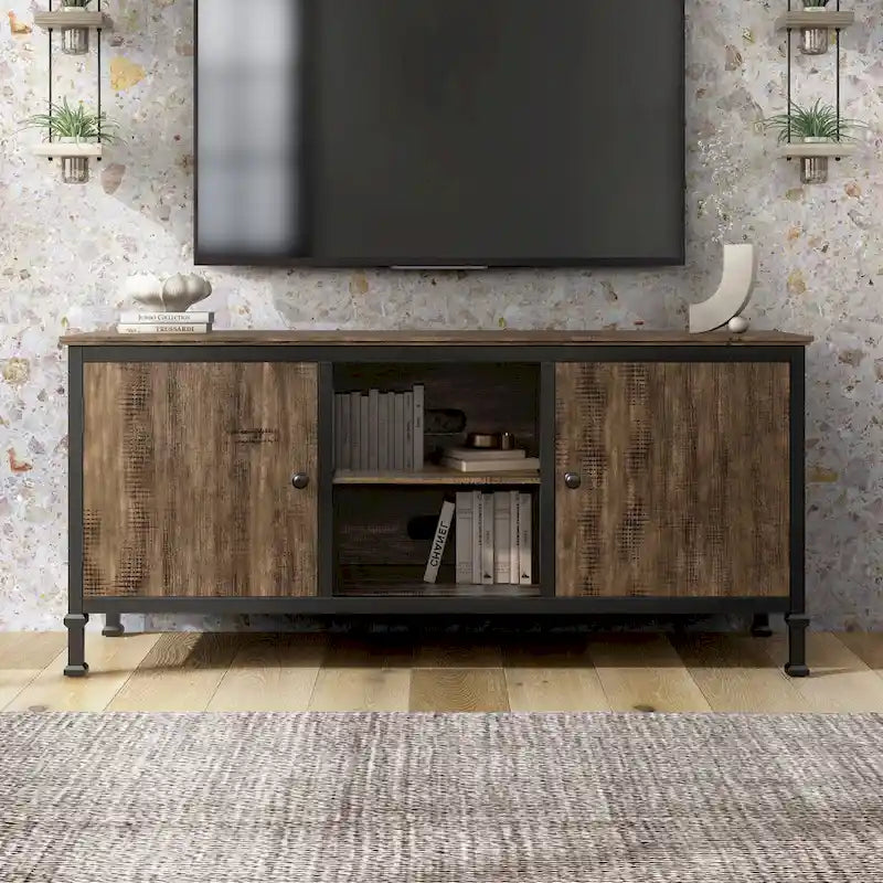 60-Inch Rustic Oak Wood TV Console with Multi-Functional Storage