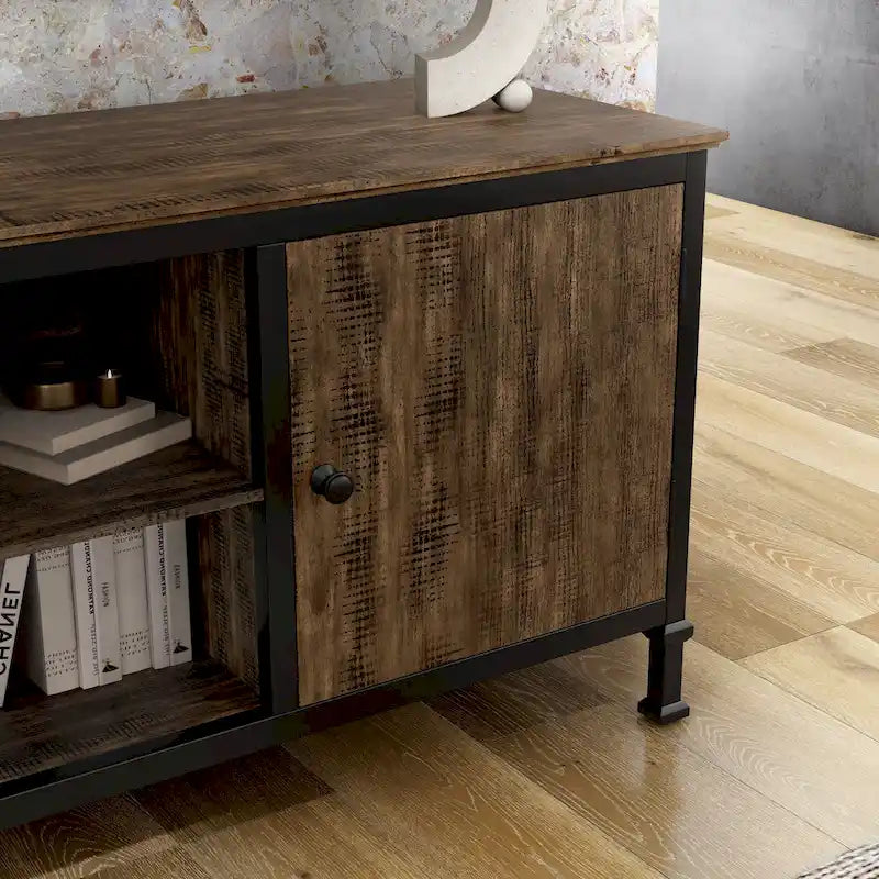 60-Inch Rustic Oak Wood TV Console with Multi-Functional Storage