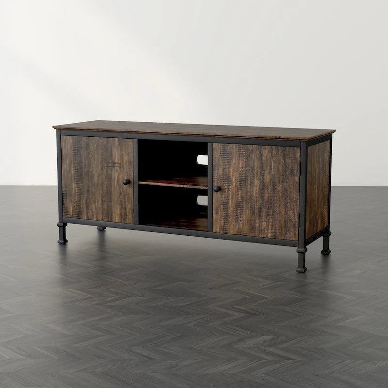 60-Inch Rustic Oak Wood TV Console with Multi-Functional Storage