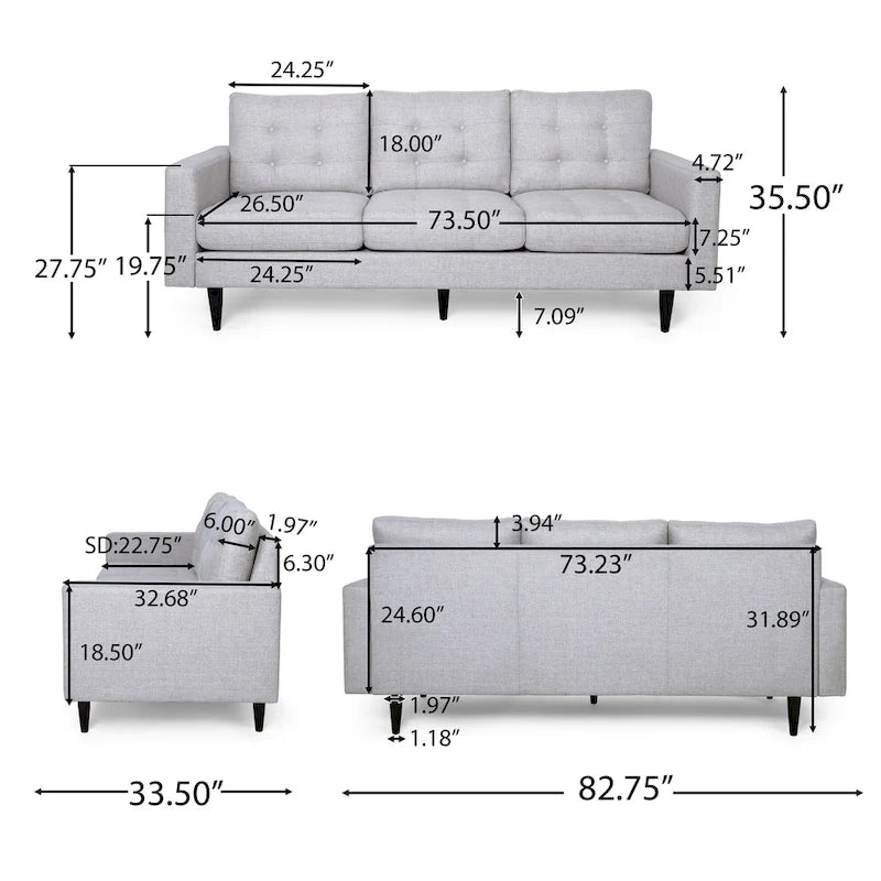 3-Seat Tufted Fabric Sofa with Track Arms & Plush Cushions