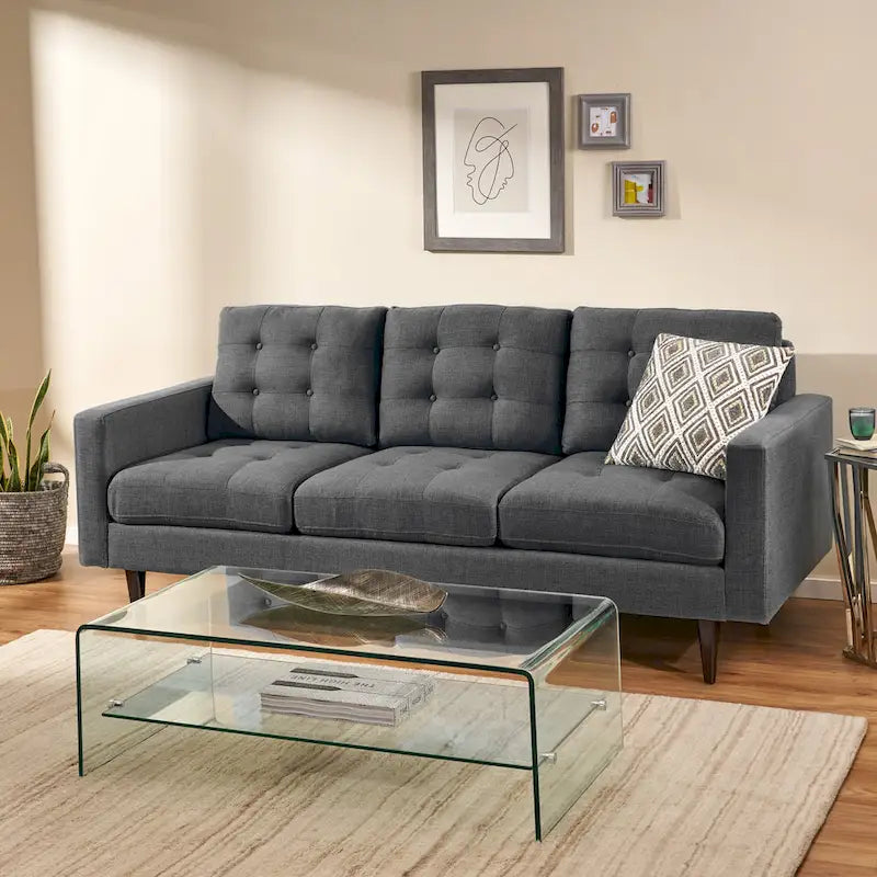 3-Seat Tufted Fabric Sofa with Track Arms & Plush Cushions