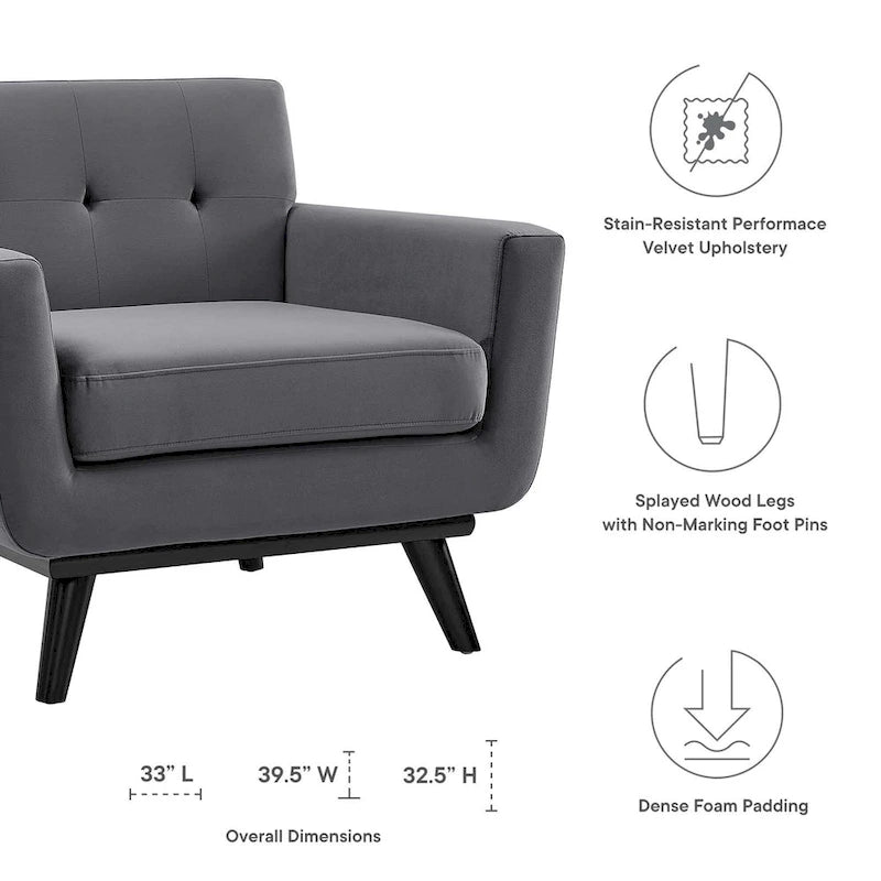 Tufted Performance Velvet Armchair with Solid Wood Legs