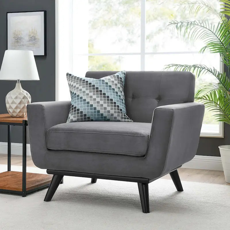 Tufted Performance Velvet Armchair with Solid Wood Legs