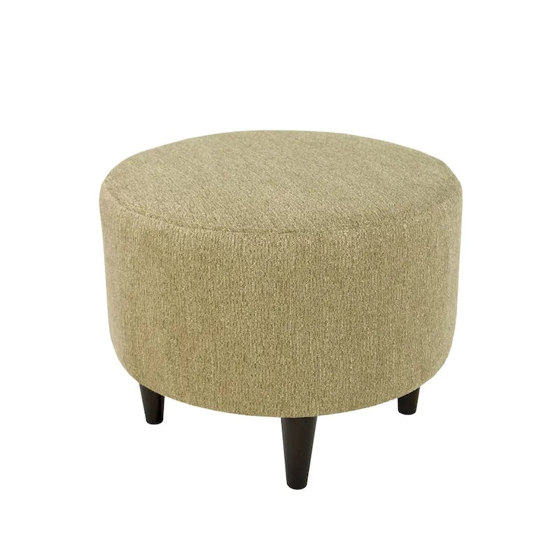 Round Upholstered Ottoman – Olive Fabric Accent Footrest