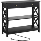 Wooden Entryway Console Table with Power Outlet, Drawer and 2-Layer Shelves