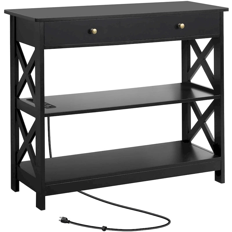 Wooden Entryway Console Table with Power Outlet, Drawer and 2-Layer Shelves