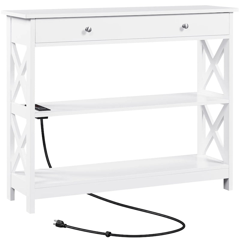 Wooden Entryway Console Table with Power Outlet, Drawer and 2-Layer Shelves