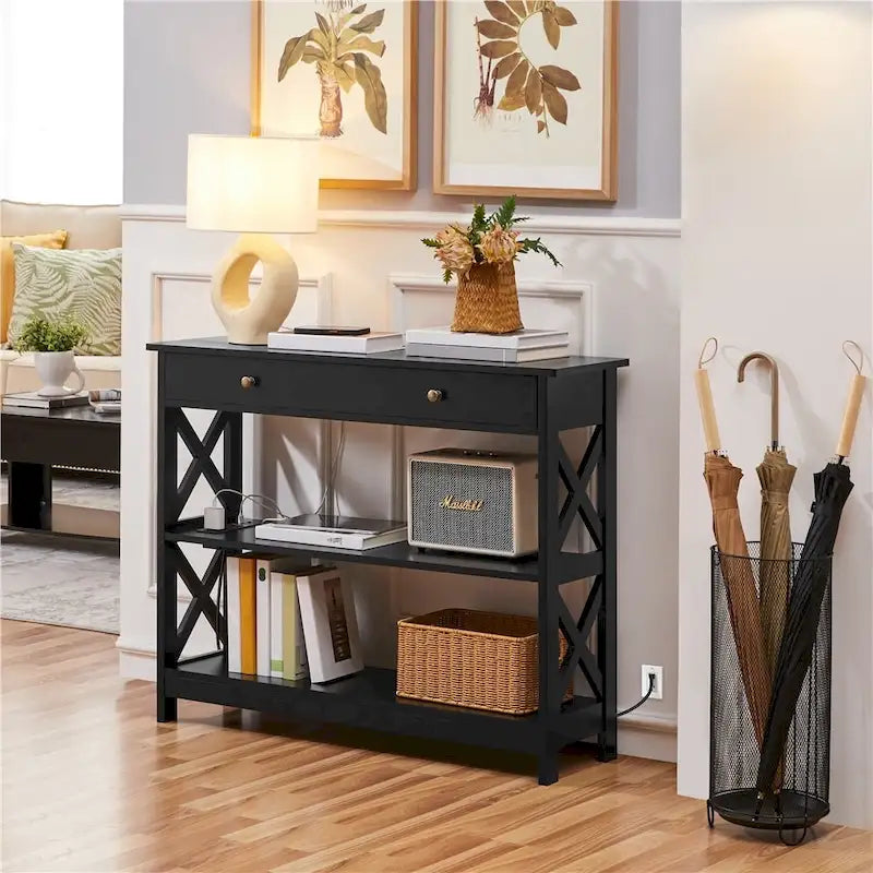 Wooden Entryway Console Table with Power Outlet, Drawer and 2-Layer Shelves