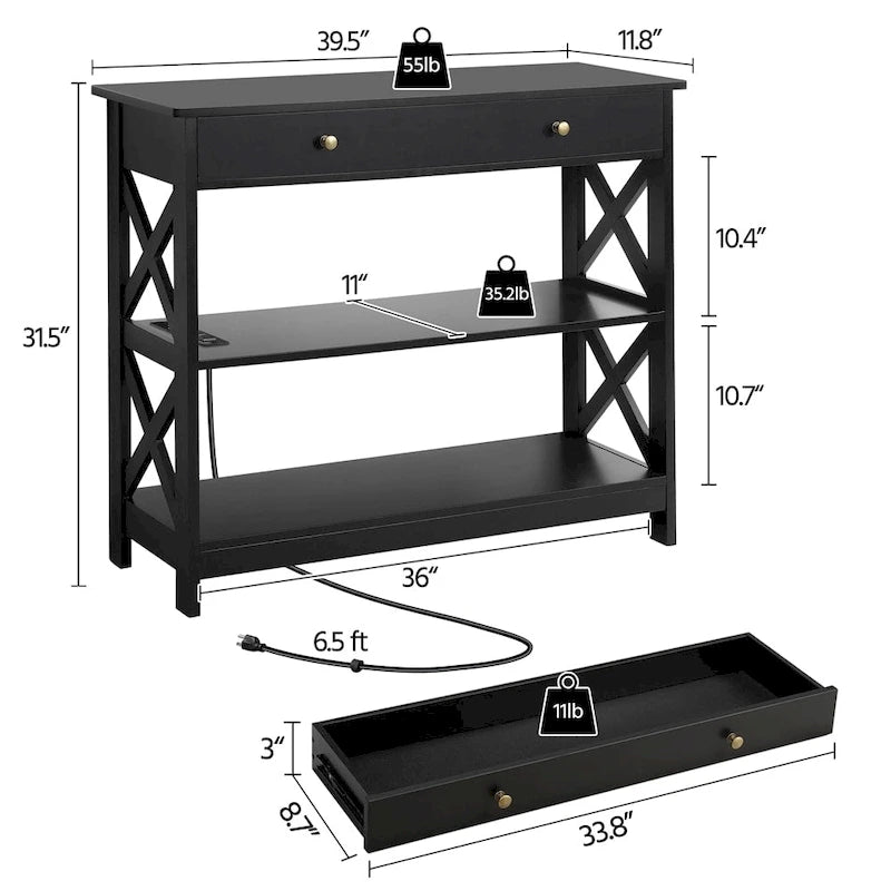 Wooden Entryway Console Table with Power Outlet, Drawer and 2-Layer Shelves