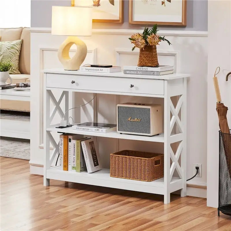 Wooden Entryway Console Table with Power Outlet, Drawer and 2-Layer Shelves