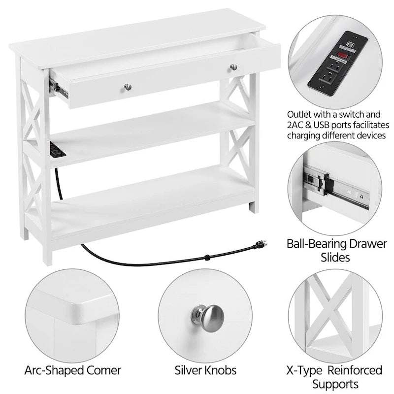 Wooden Entryway Console Table with Power Outlet, Drawer and 2-Layer Shelves