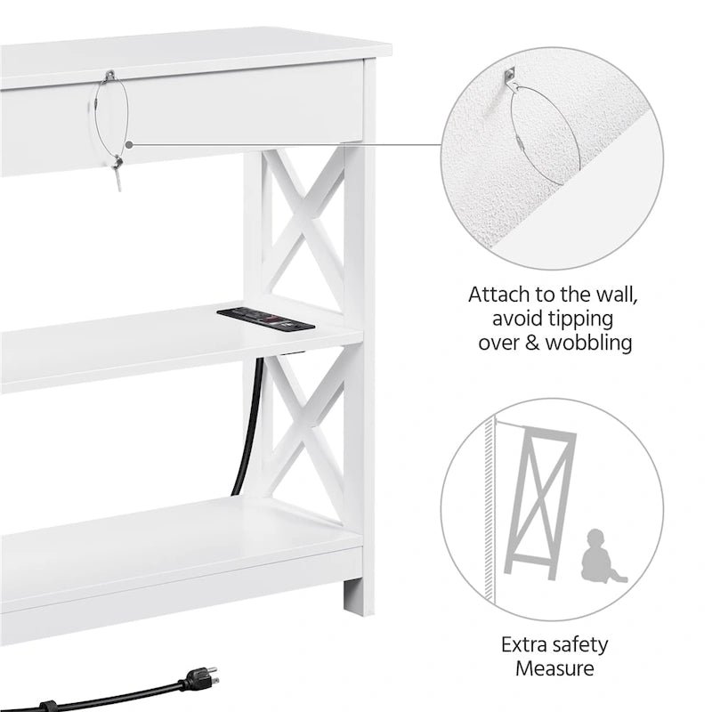 Wooden Entryway Console Table with Power Outlet, Drawer and 2-Layer Shelves