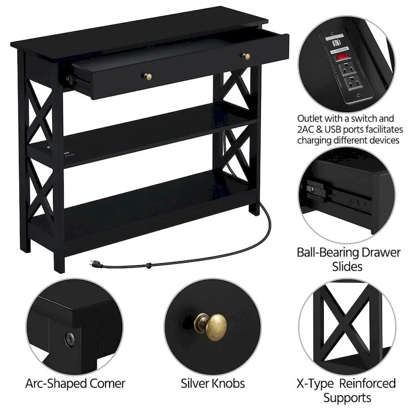 Wooden Entryway Console Table with Power Outlet, Drawer and 2-Layer Shelves