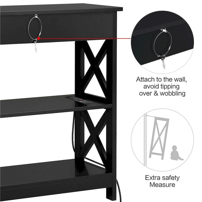 Wooden Entryway Console Table with Power Outlet, Drawer and 2-Layer Shelves