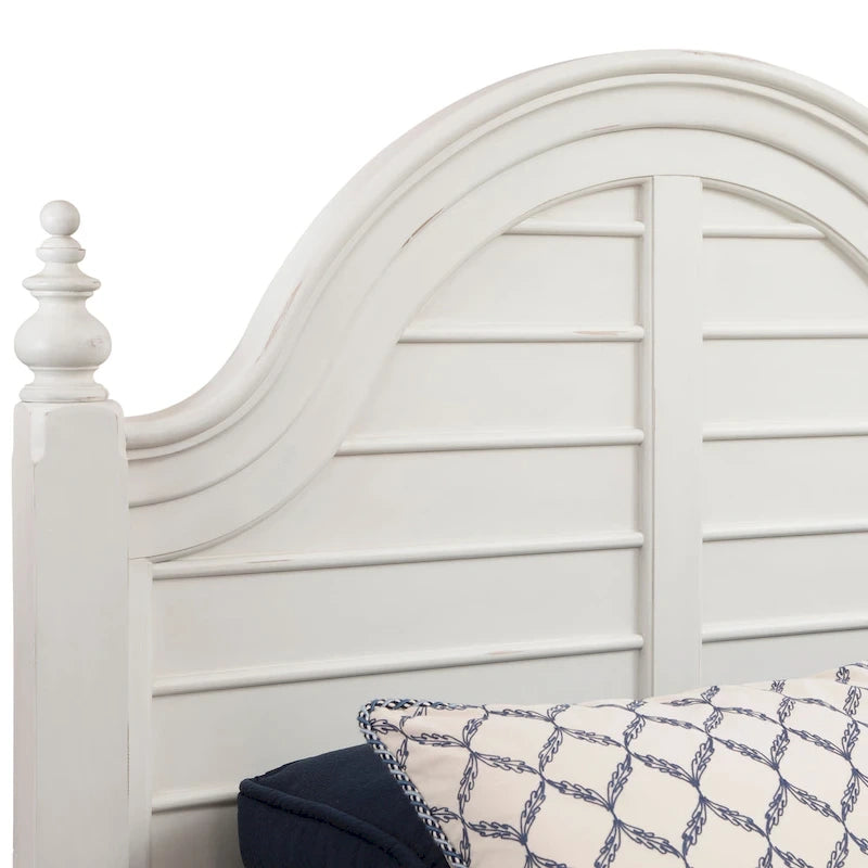 Dove White Farmhouse Panel Bed with Arched Headboard & Turned Finials