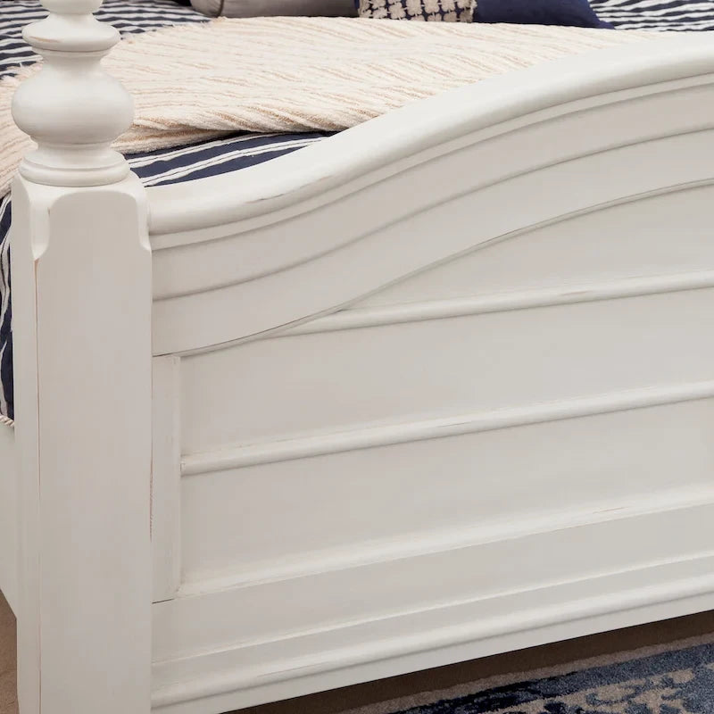 Dove White Farmhouse Panel Bed with Arched Headboard & Turned Finials