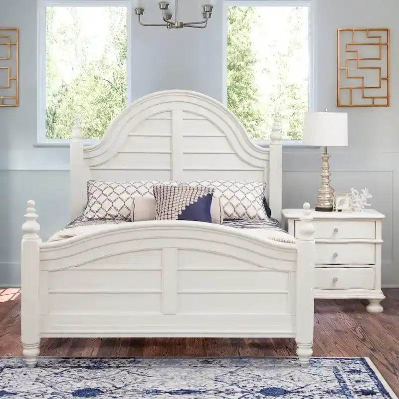 Dove White Farmhouse Panel Bed with Arched Headboard & Turned Finials